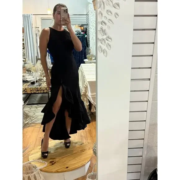 Betsy & Adam Arielle Scuba Crepe Ruffle Slit Asymmetrical Maxi Gown Black Size 8 - Picture 12 of 12